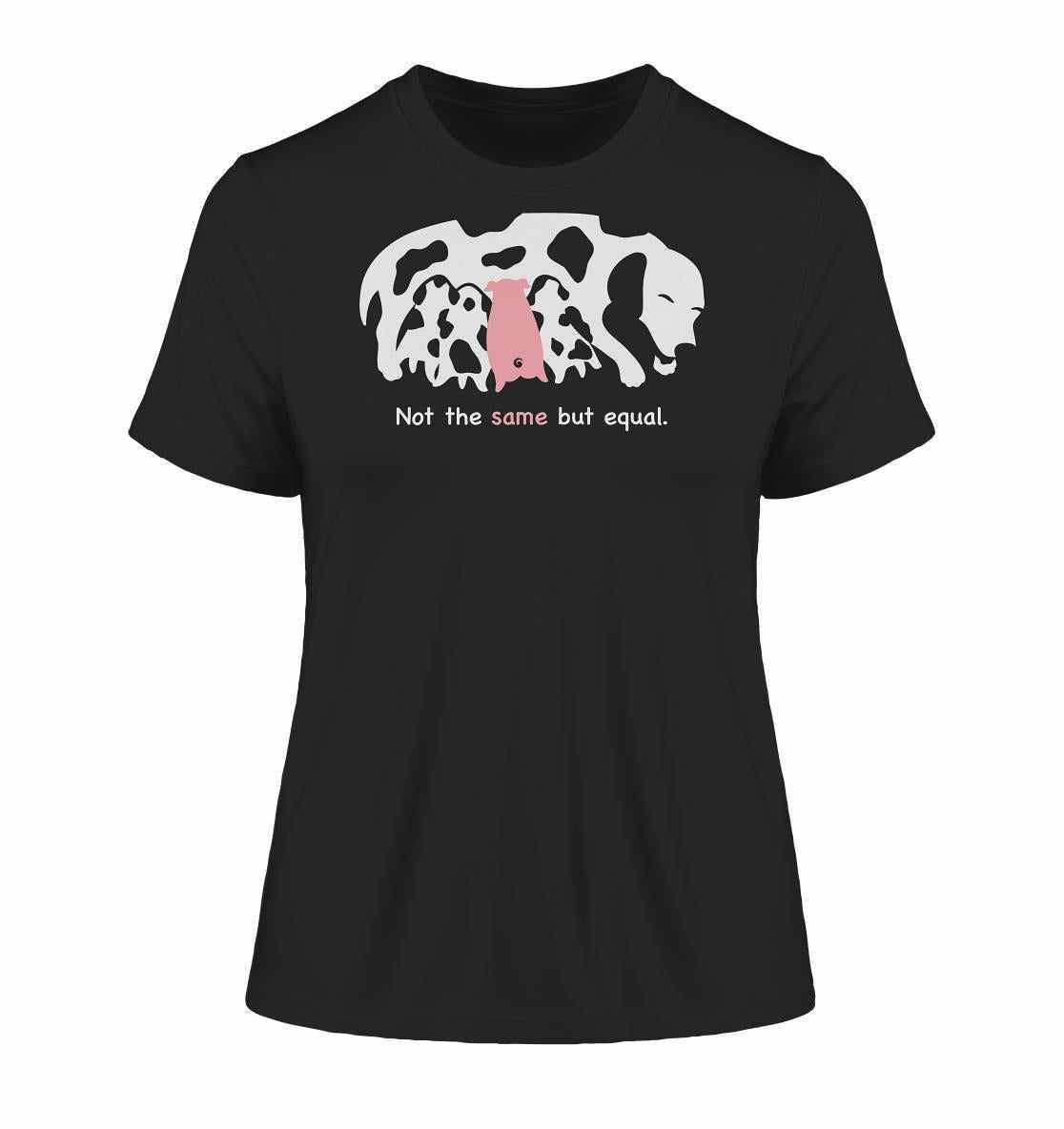 Vegan und Bio Ladies Shirt: Animal equality, zeigt ein pinkes Ferkel-Motiv auf schwarz-weißem Kuhmuster, aus 100% Bio-Baumwolle, symbolisiert Liebe und Schutz im Tierreich.