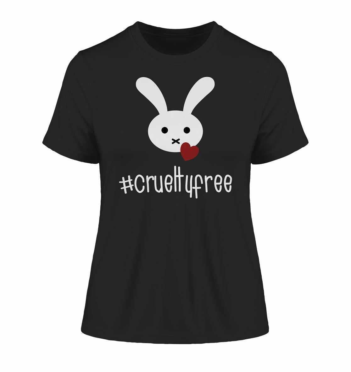 Vegan und Bio Ladies Shirt: Crueltyfree Bunny BIG zeigt einen weißen Hasen und Herzmotiv auf schwarzem Hintergrund, symbolisiert vegane Bewegung und Ablehnung von Tierversuchen.