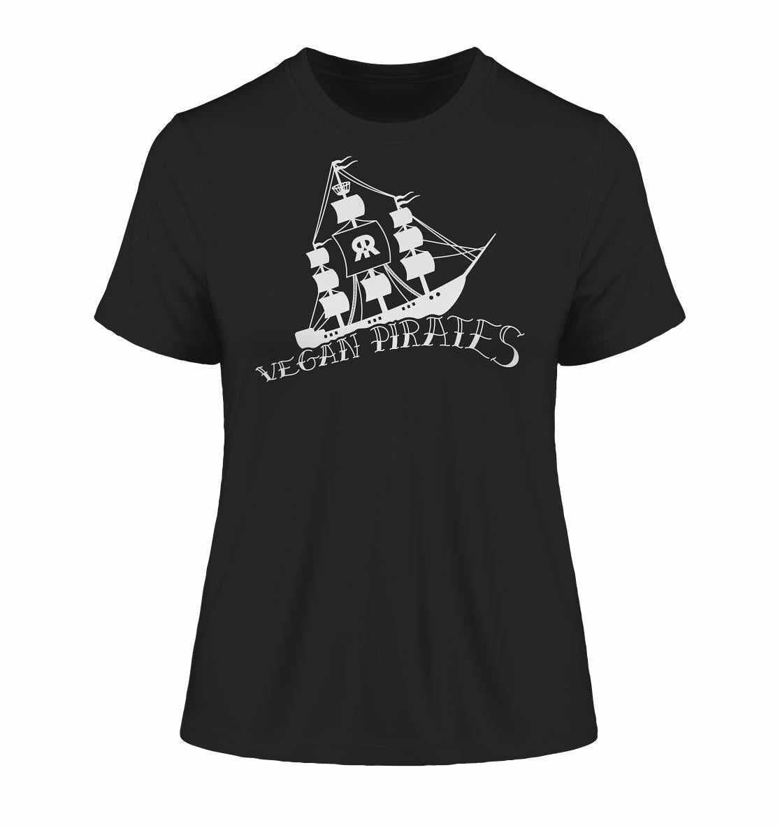 Vegan und Bio Ladies Shirt: Vegan Pirates mit Piratenschiff-Motiv, aus Bio-Baumwolle. Rebellisches Design für umweltbewusste und tierfreundliche Mode.