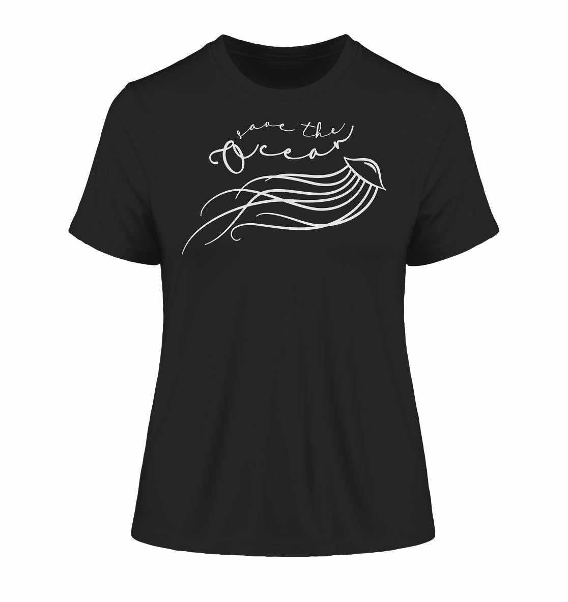 Vegan und Bio Ladies Shirt: Save the Ocean - Minimalistische Qualle, aus Bio-Baumwolle, mit einem Aufruf zum Meeresschutz.
