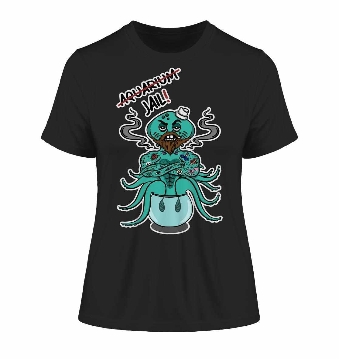 Vegan und Bio Ladies Shirt mit Cartoon-Oktopus, fördert Tierrechte und Meereslebewesen, aus Bio-Baumwolle, von RUDE REBEL, rebellisches Design für Umweltschutz.