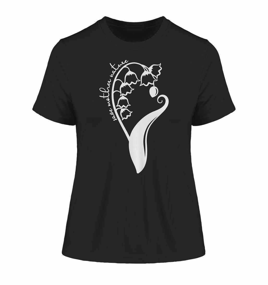 Vegan und Bio Ladies Shirt: Save Mother Nature with Flower Power, minimalistisches Design mit weißem Blumenmotiv auf schwarzem Hintergrund, aus 100 % Bio-Baumwolle.
