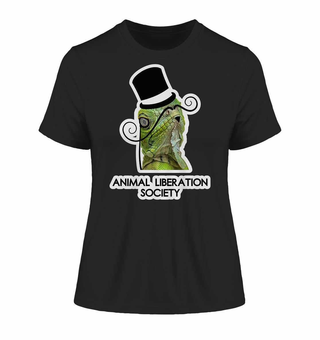 Vegan und Bio Unisex Shirt: Sir Reptile - Animal Liberation Society, zeigt einen eleganten Lizard mit Zylinder und Schnurrbart, inspiriert von Tierrechtsbewegungen.