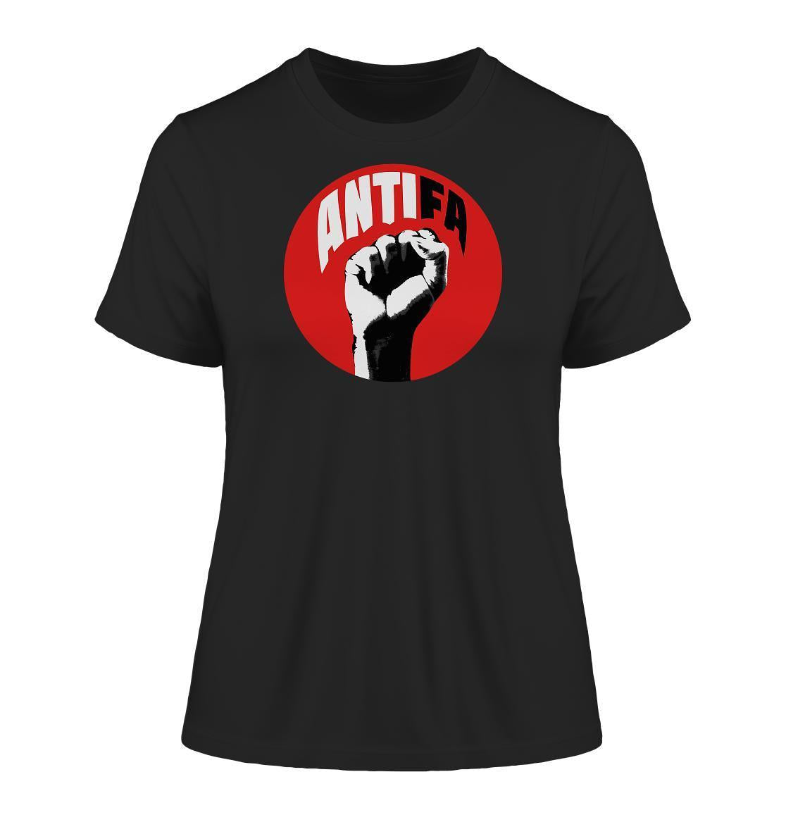 Vegan und Bio Ladies Shirt: Antifa - Kampf gegen Rechts, schwarzes Shirt mit rotem Kreis und erhobener Faust, aus Bio-Baumwolle, symbolisiert Widerstand gegen Faschismus.