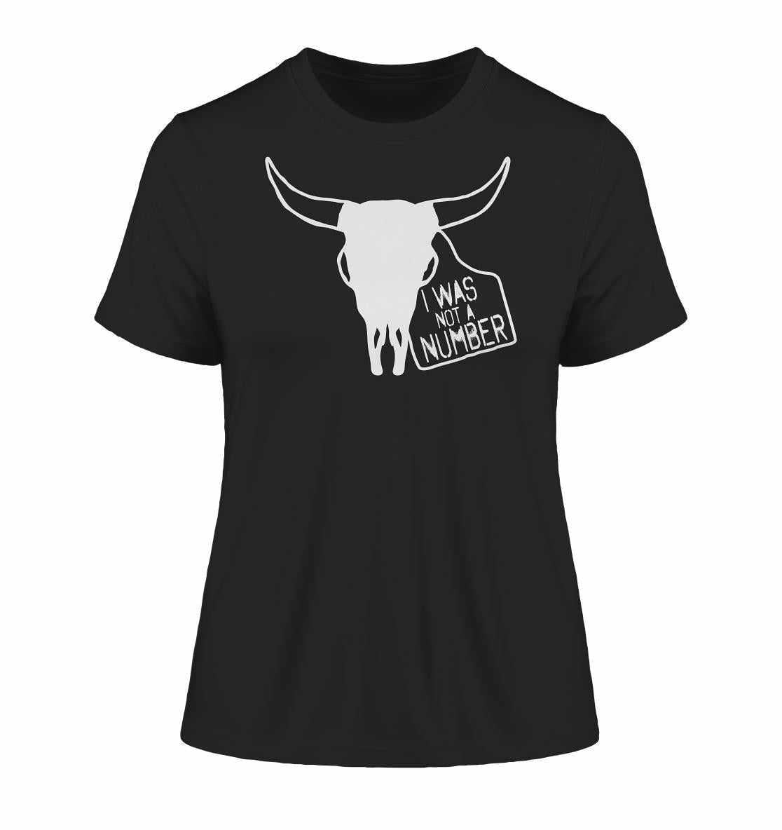 Vegan und Bio Ladies Shirt: I was not a number, schwarzes Shirt mit weißem Stierkopfumriss, aus Bio-Baumwolle, betont Tierrechte und nachhaltigen Veganismus.