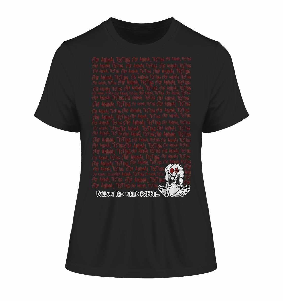 Vegan und Bio Ladies Shirt mit rotem Text und Cartoon-Häschen, thematisiert Tierschutz und Tierversuche. Umweltfreundlich aus Bio-Baumwolle gefertigt.