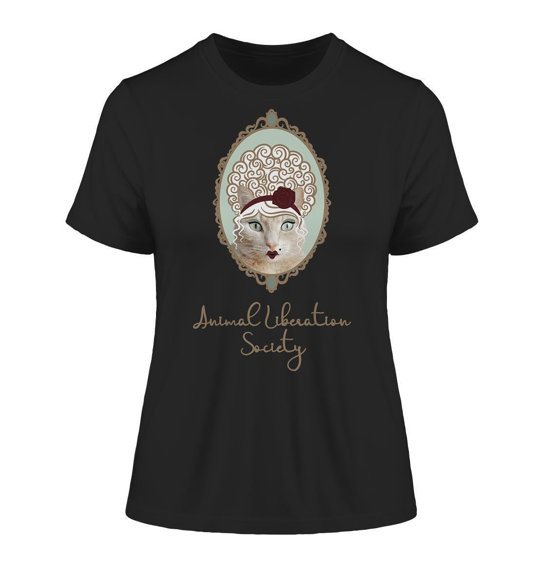 Vegan und Bio Ladies Shirt: Miss Cat - Animal Liberation Society, schwarzes T-Shirt mit Katzengesicht und roter Rose, aus Bio-Baumwolle, umweltfreundlich produziert.
