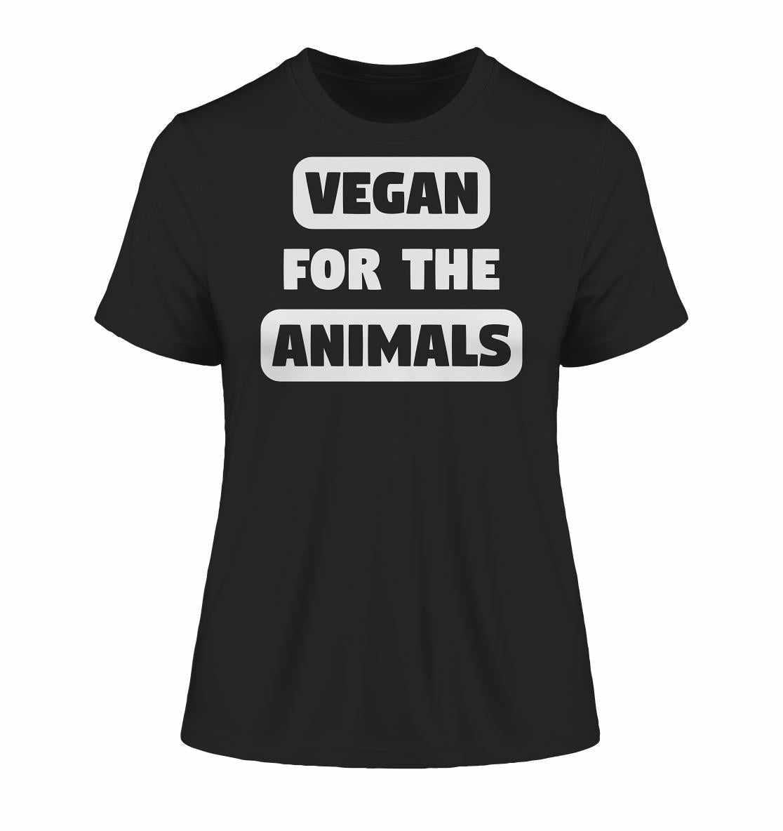 Vegan und Bio Ladies Shirt mit VEGAN FOR THE ANIMALS Schriftzug, hergestellt aus 100 % Bio-Baumwolle, betont Tierrechte und veganen Lebensstil.