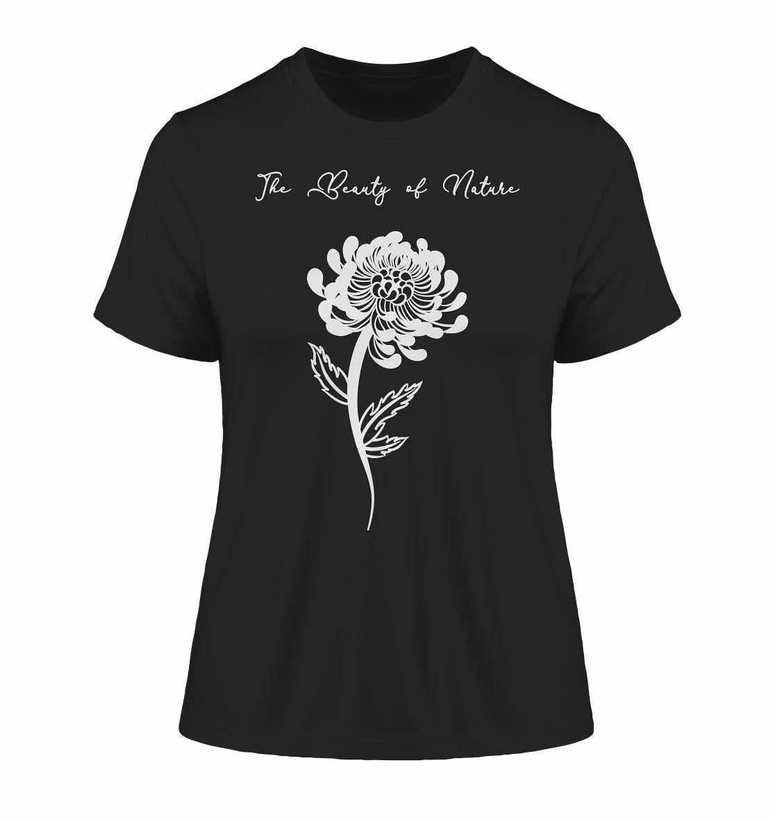 Vegan und Bio Ladies Shirt: Chrysantheme, schwarzes Shirt mit weißem Blumenmotiv, aus Bio-Baumwolle gefertigt, repräsentiert Naturschutz und Nachhaltigkeit.