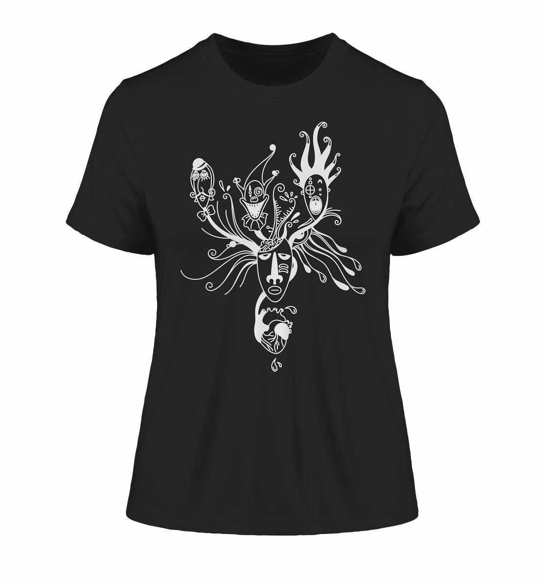 Vegan und Bio Ladies Shirt: Mental Health - Behind the Mask, schwarzes T-Shirt mit weißem Gesichtsmotiv, aus Bio-Baumwolle, minimalistisches Blackwork-Design, thematisiert individuelle Facetten.