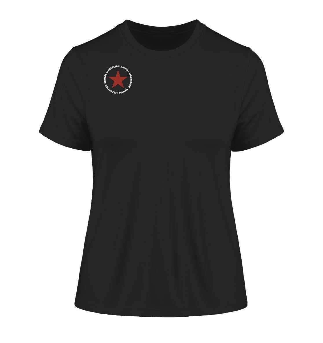 Vegan und Bio Ladies Shirt: Red Star - Animal Liberation, schwarzes Shirt mit rotem Stern, aus umweltfreundlicher Bio-Baumwolle, verkörpert vegane Botschaft.