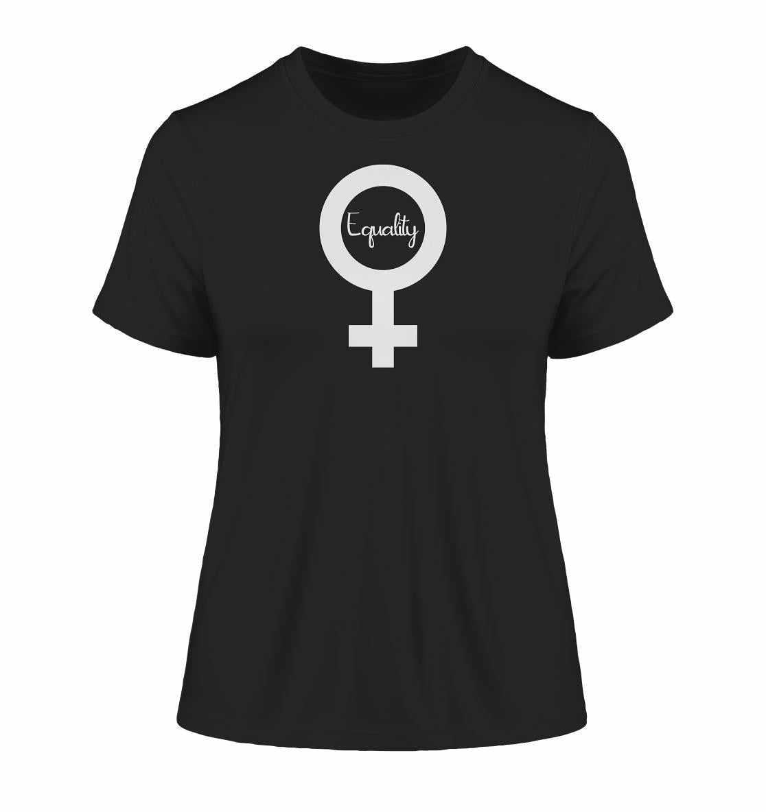 Vegan und Bio Ladies Shirt: Feminismus - Der Kampf um Gleichberechtigung, schwarzes Shirt mit weißem Symbol, aus 100% Bio-Baumwolle, umweltfreundlich hergestellt.