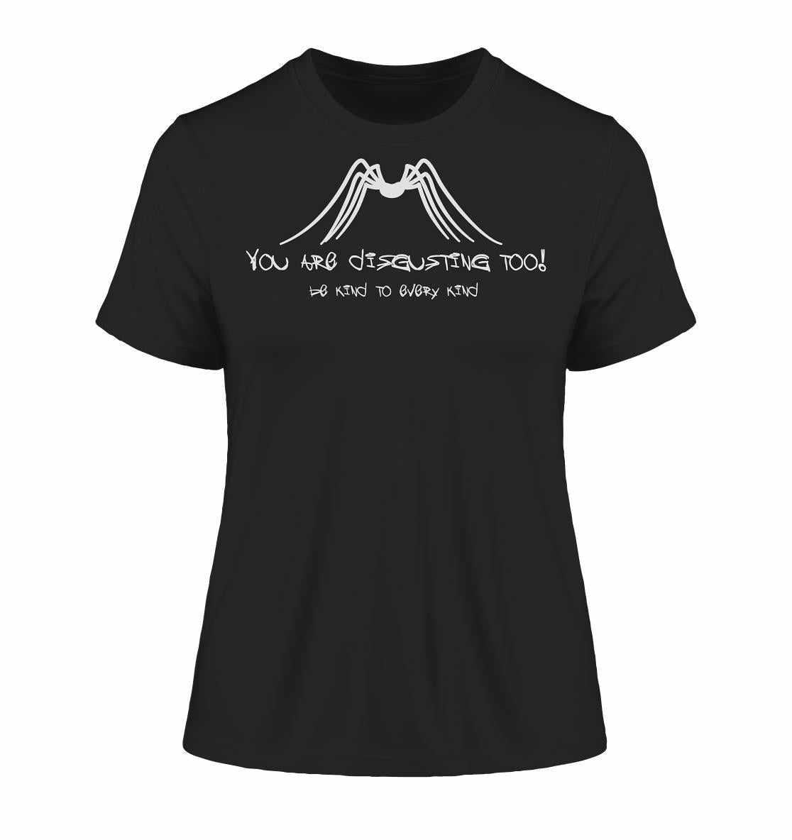 Vegan und Bio Ladies Shirt mit weißem Spinnenmotiv und Text, symbolisiert Tierrechte. Hergestellt aus 100% Bio-Baumwolle, inspiriert von nachhaltigem und veganem Design.