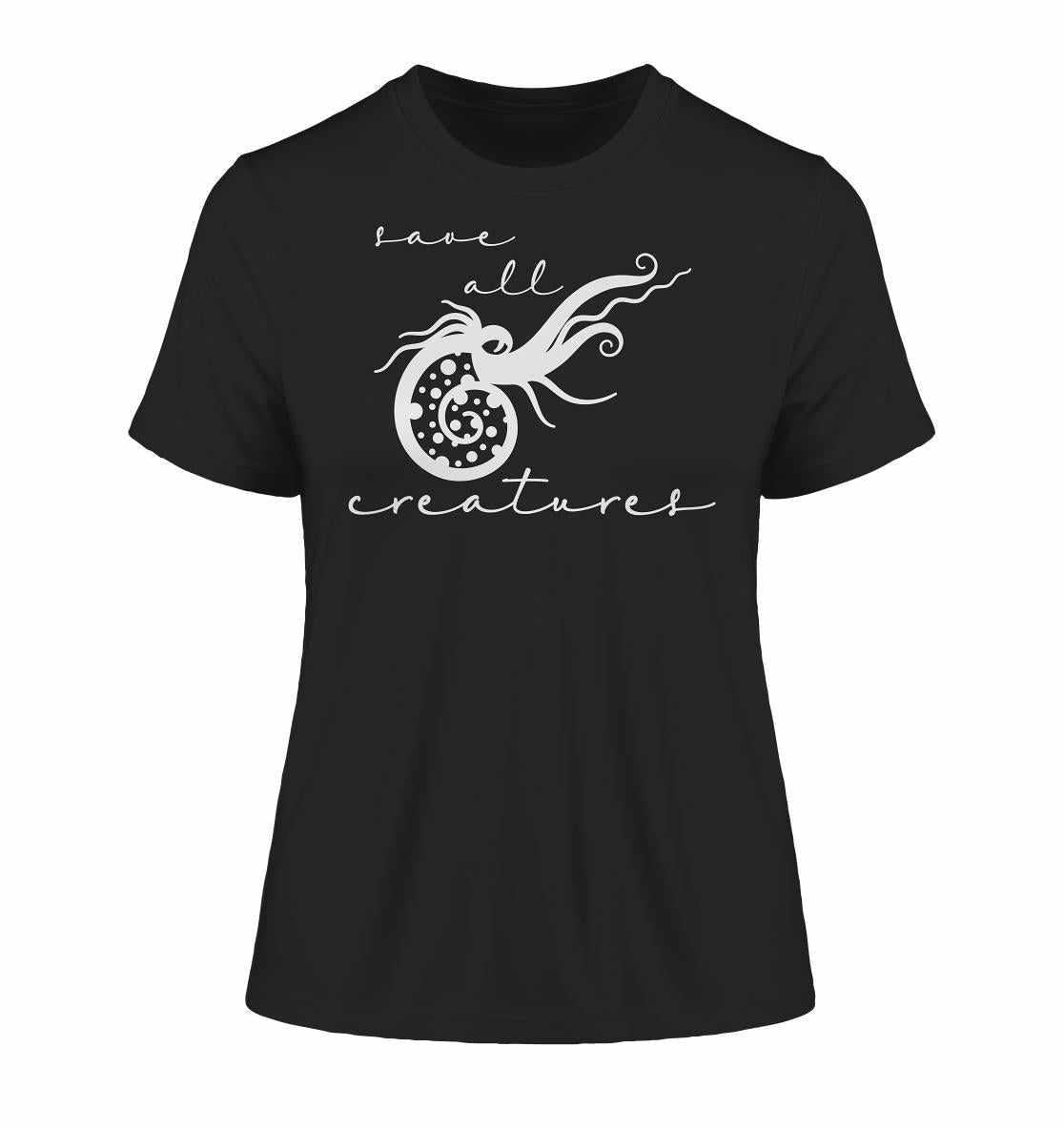 Vegan und Bio Ladies Shirt: Save All Creatures mit weißem Oktopus-Design auf schwarzem Hintergrund, symbolisiert Gleichberechtigung aller Lebewesen, aus nachhaltiger Bio-Baumwolle.