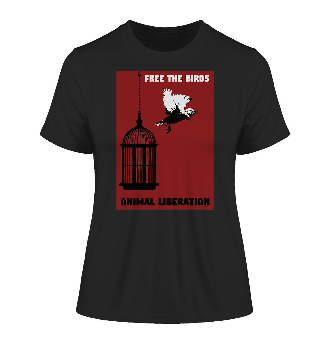 Vegan und Bio Ladies Shirt: Free the birds - Animal Liberation, schwarzes T-Shirt mit Vogel- und Käfigmotiv, aus 100% Bio-Baumwolle, symbolisiert Freiheit und Tierrechte.