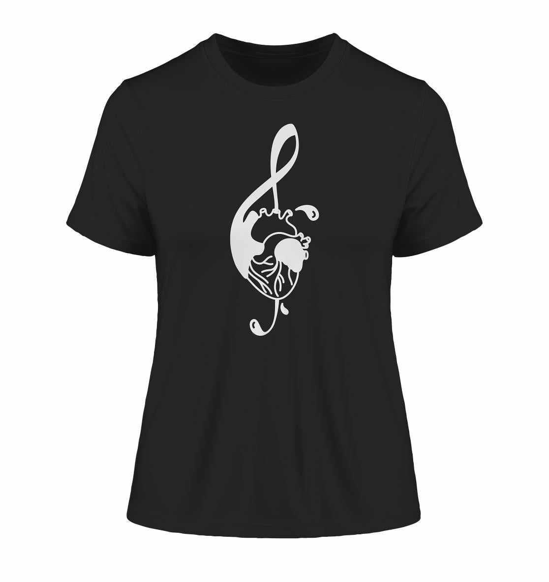 Vegan und Bio Ladies Shirt: Music Therapy with Heart, schwarzes Shirt mit weißem Herz und Violinschlüssel, aus Bio-Baumwolle, nachhaltiges Design von RUDE REBEL.