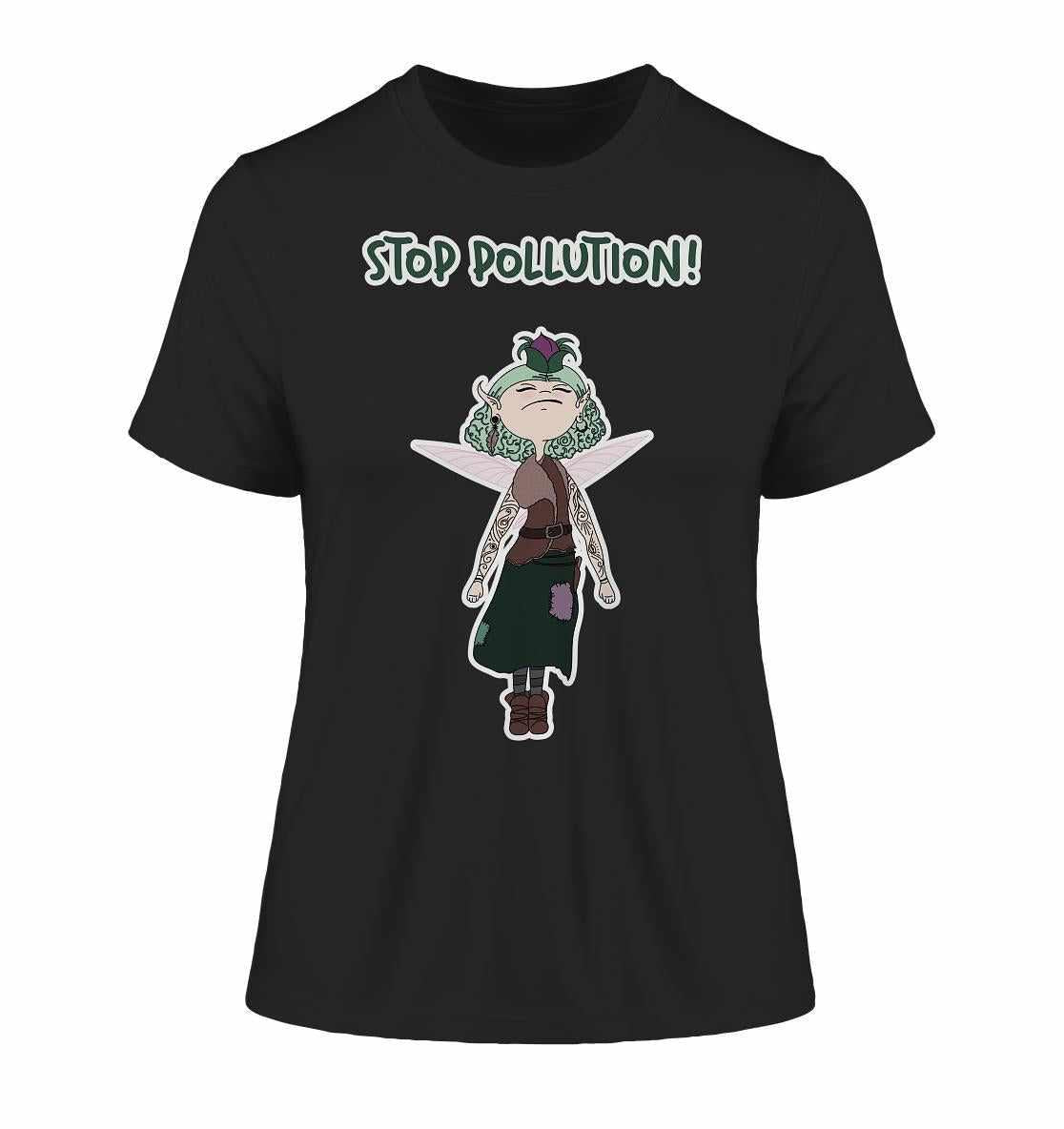 Vegan und Bio Ladies Shirt: STOP POLLUTION! - Krawall Fee mit Tattoo-Design, zeigt eine wütende Fee und wirbt für Umweltschutz. Hergestellt aus 100% Bio-Baumwolle.