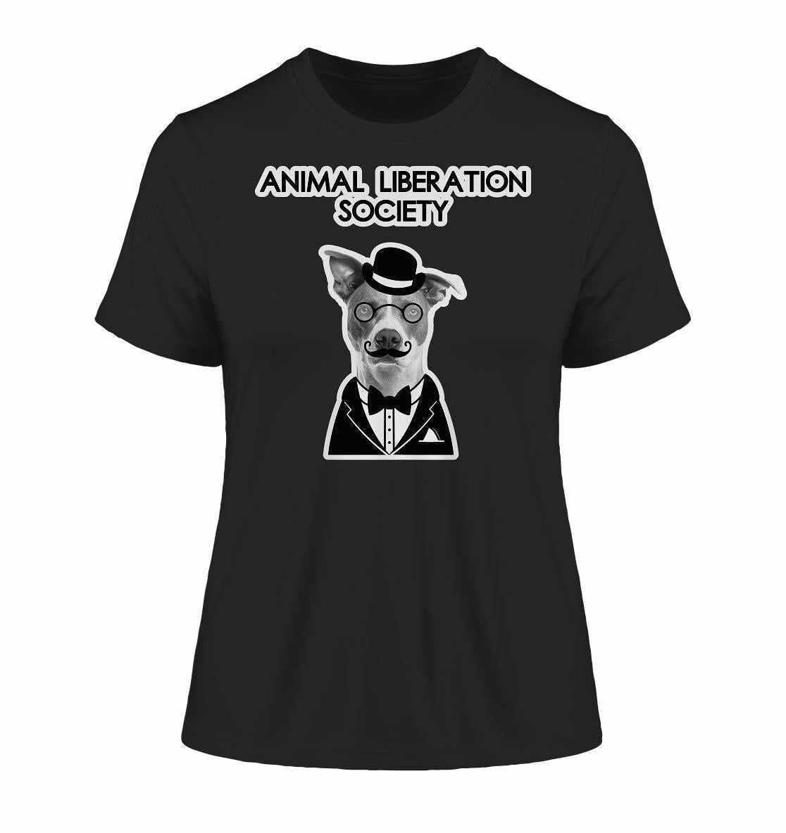 Vegan und Bio Ladies Shirt: Mr. Dog - Animal Liberation Society, schwarzes T-Shirt mit Hund in Hut und Brille, aus Bio-Baumwolle, von RUDE REBEL.