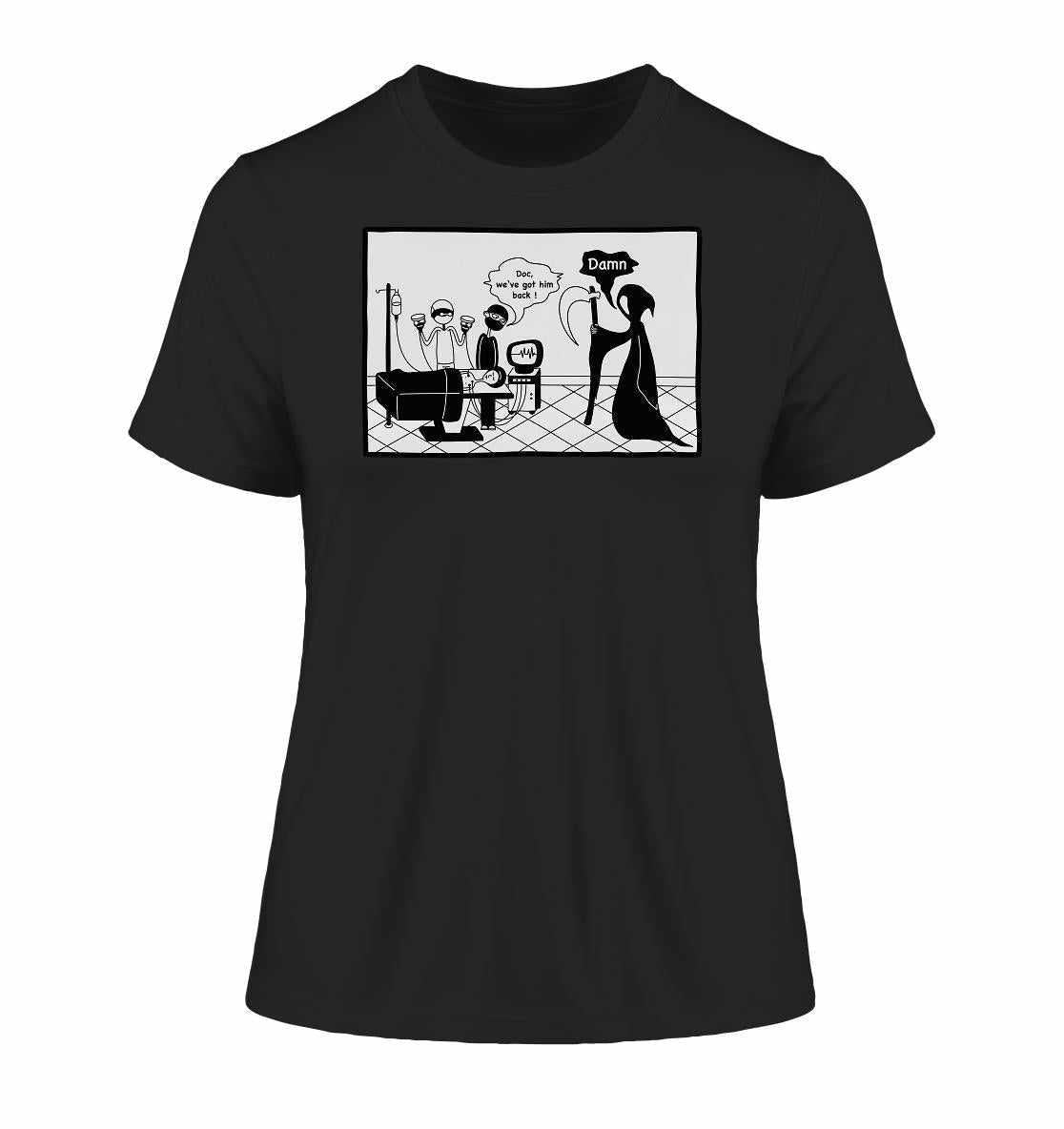 Vegan und Bio Ladies Shirt: Comicstripe - The Reaper mit Cartoon einer Frau in der Badewanne, aus 100 % Bio-Baumwolle, nachhaltig produziert.