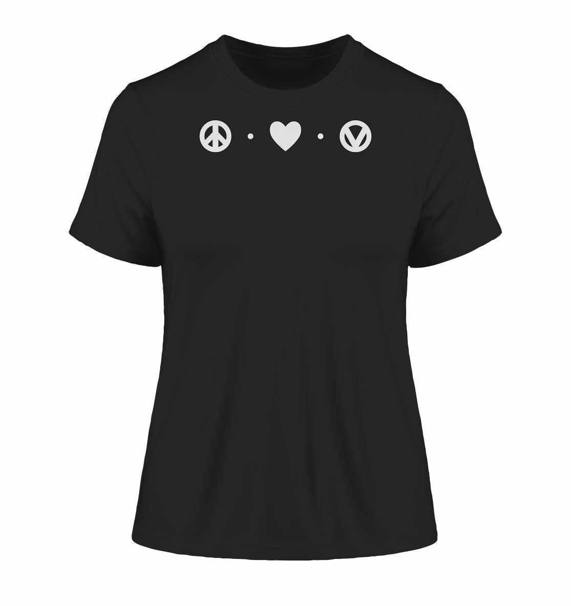 Vegan und Bio Ladies Shirt: Peace - Love - Veganism, mit weißen Symbolen für Frieden und Liebe. Umweltfreundlich aus Bio-Baumwolle, ideal für vegane und nachhaltige Mode.