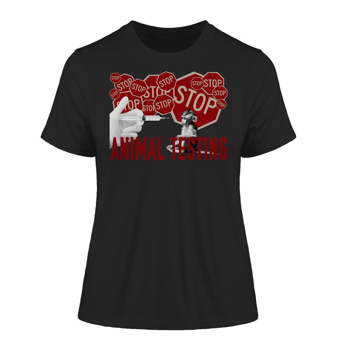 Vegan und Bio Ladies Shirt: STOP ANIMAL TESTING! mit Hand, Spritze und Stoppschild-Motiv, rebellisches Design gegen Tierversuche auf schwarzem T-Shirt aus Bio-Baumwolle.