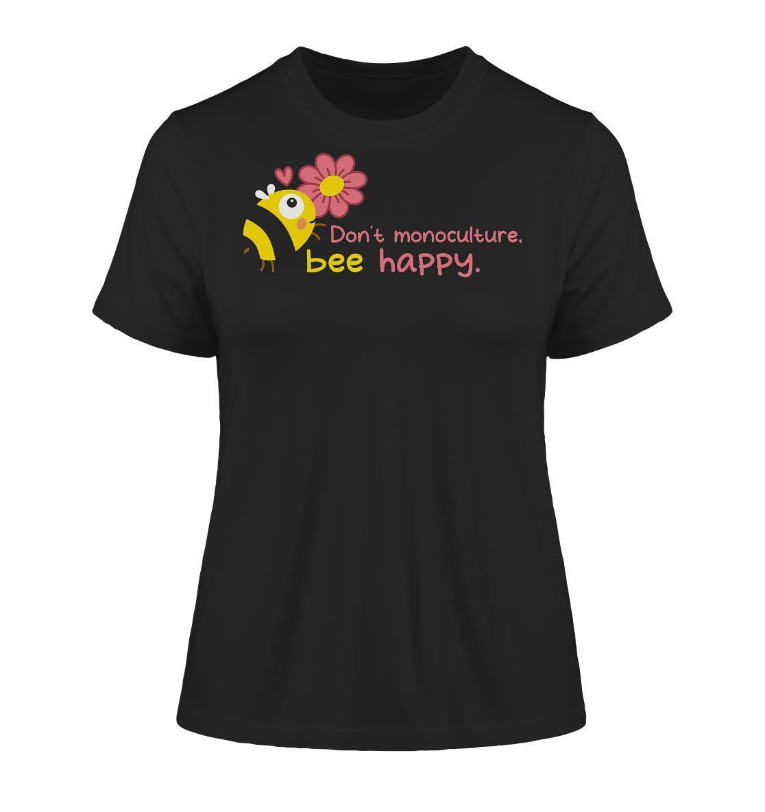Vegan und Bio Ladies Shirt: Save the bees, mit Cartoon-Biene und Blume, aus Bio-Baumwolle, symbolisiert Insektenschutz und Nachhaltigkeit.