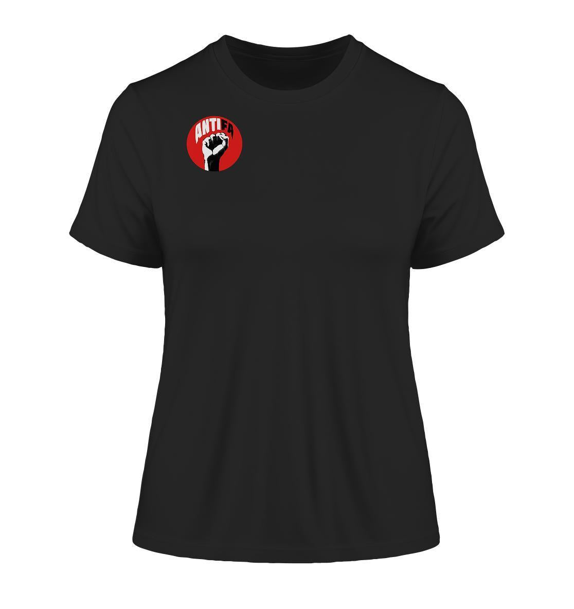 Vegan und Bio Ladies Shirt: Antifa - Gemeinsam gegen Rechts, schwarzes Shirt mit Faustmotiv, aus 100 % Bio-Baumwolle, nachhaltig und vegan produziert.