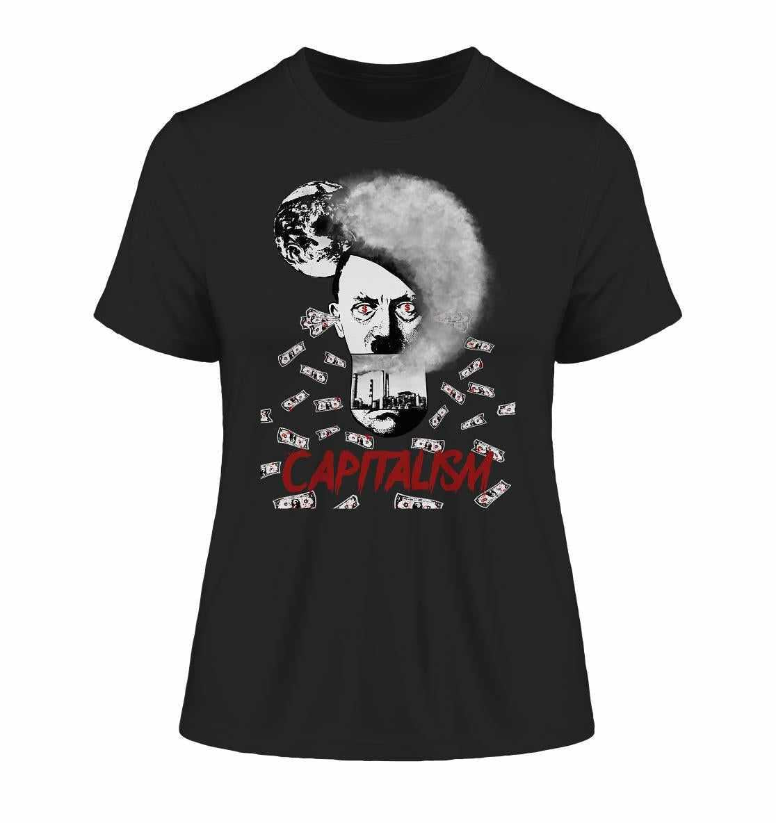 Vegan und Bio Ladies Shirt mit Grafik eines bärtigen Mannes und Geldscheinen, das Kapitalismus kritisch thematisiert, aus 100% Bio-Baumwolle, von RUDE REBEL.