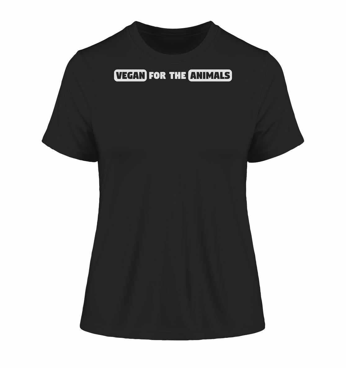 Vegan und Bio Ladies Shirt: VEGAN FOR THE ANIMALS Edition 2, schwarzes T-Shirt mit weißem Text, aus Bio-Baumwolle, betont die Liebe zu Tieren.