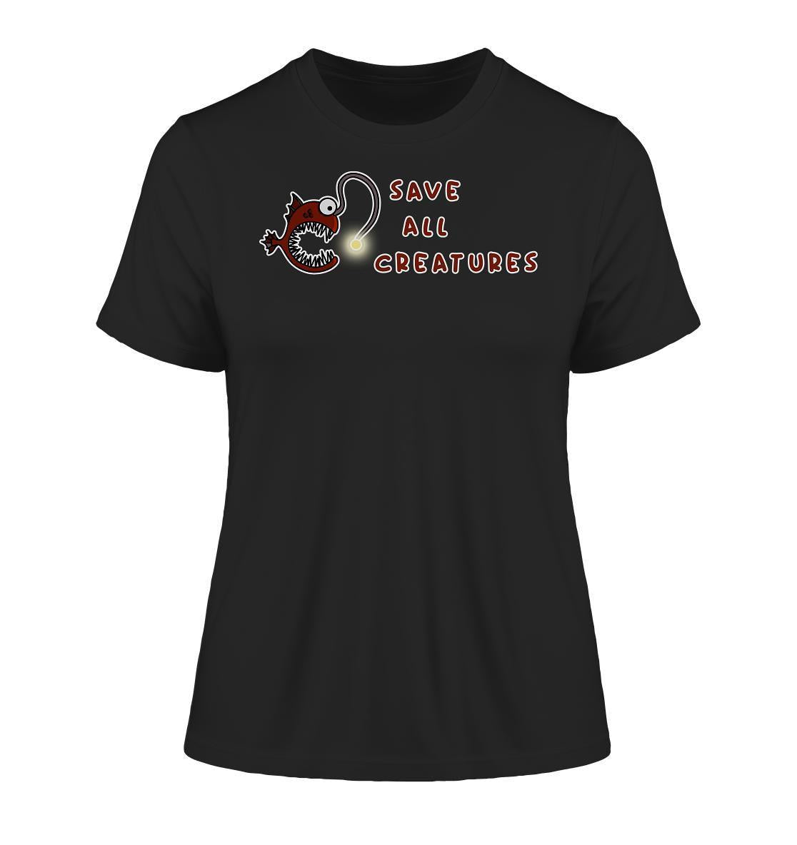 Vegan und Bio Ladies Shirt mit Cartoon-Anglerfisch und Leuchtlicht, aus 100% Bio-Baumwolle, symbolisiert Schutz aller Kreaturen. Nachhaltig und umweltfreundlich produziert.