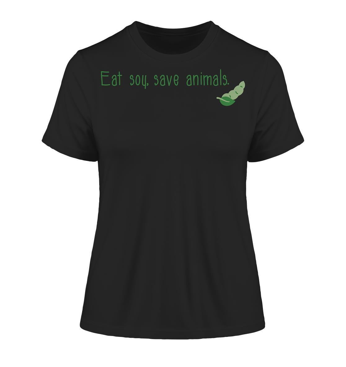 Vegan und Bio Ladies Shirt aus schwarzer Bio-Baumwolle mit grünem Veganism-Design, betont tierfreundliche Ernährung.