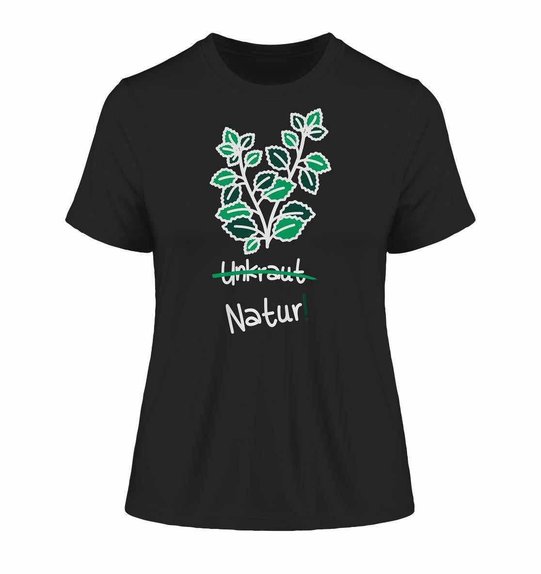 Vegan und Bio Ladies Shirt mit grünem Blätterdesign, symbolisiert Naturschutz und Unkrauttoleranz, aus Bio-Baumwolle.