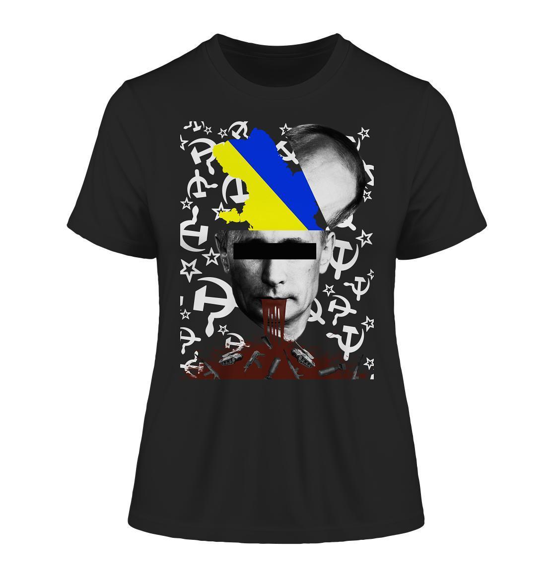 Vegan und Bio Ladies Shirt: STOP WAR IN UKRAINE! mit einer digitalen Collage, zeigt Gesicht und Symbolik gegen Krieg. Nachhaltig aus Bio-Baumwolle.