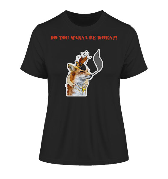 Vegan und Bio Ladies Shirt: Mrs. Fox demonstriert gegen Pelz! zeigt einen Fuchs mit Federhut als Motiv, aus 100% Bio-Baumwolle, betont Tierbefreiung.