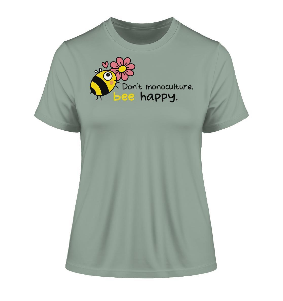 Veganes Bio-Damen-Shirt mit Cartoon-Biene und Blume, symbolisiert Insektenschutz und Umweltbewusstsein, hergestellt aus 100 % Bio-Baumwolle bei RUDE REBEL.