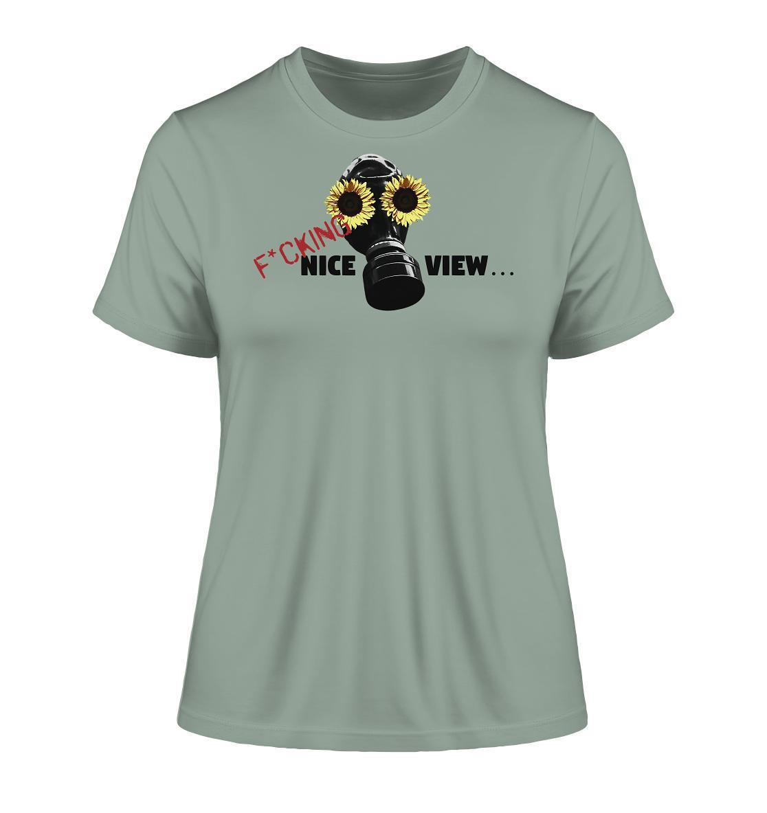 Vegan und Bio Ladies Shirt: Sunflower Mask - T-Shirt mit Gasmaske und Sonnenblumenmotiv, nachhaltig aus Bio-Baumwolle, inspiriert von einer dystopischen Zukunft.