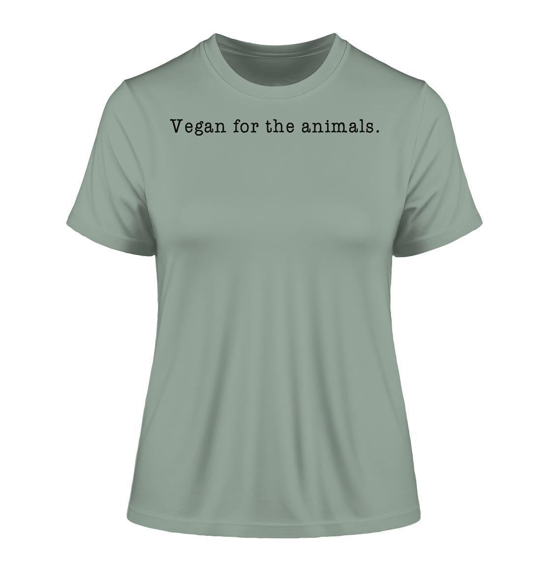 Vegan und Bio Ladies Shirt mit Minimalismus-Design, Text betont Liebe zu Tieren. Hergestellt aus 100% Bio-Baumwolle, ideal für nachhaltige Mode.