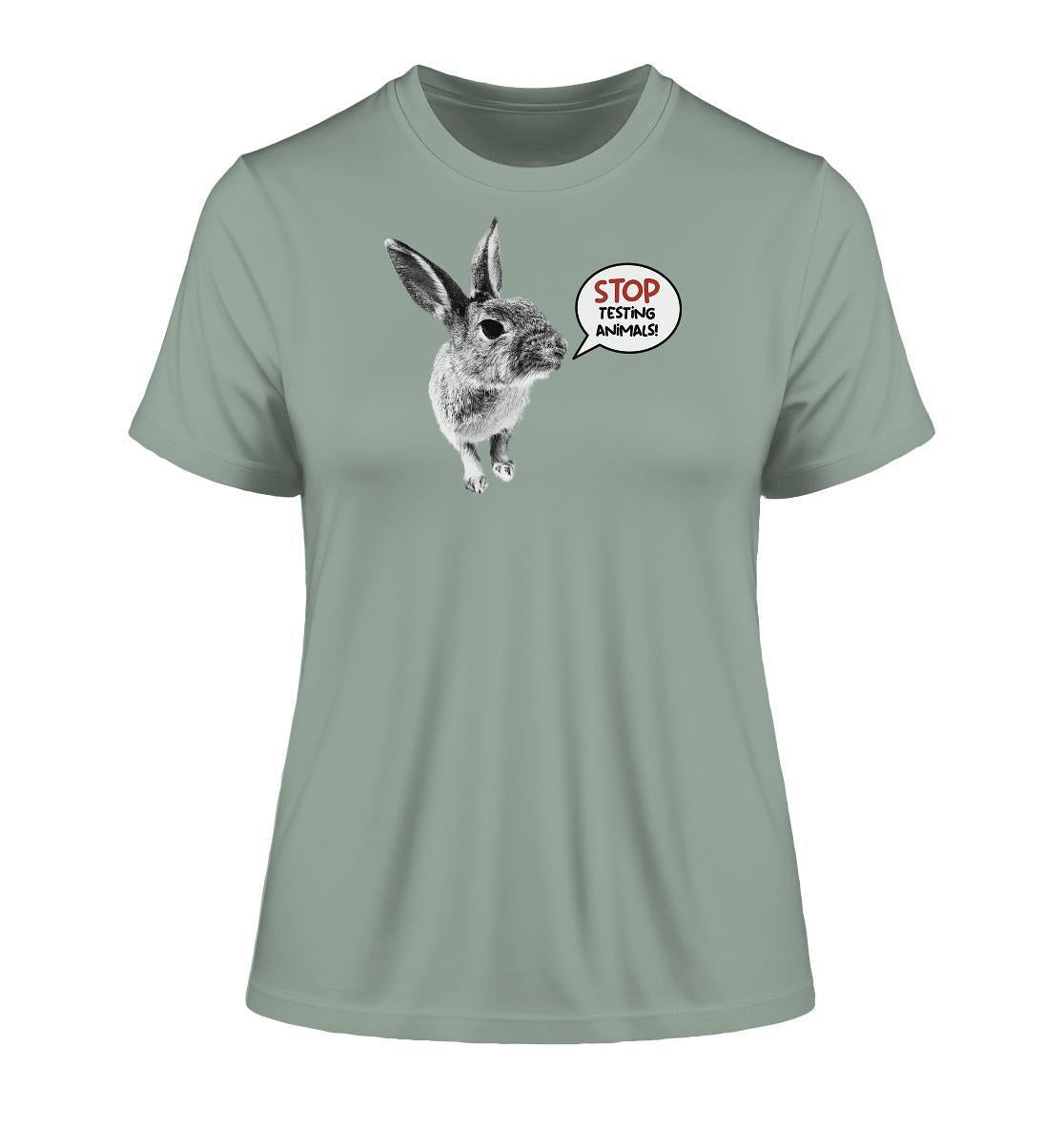 Vegan und Bio Ladies Shirt: Cute Rabbit - Stop Testing Animals! zeigt ein Häschen mit der Botschaft STOP ANIMAL TESTING! auf einem umweltfreundlich produzierten T-Shirt.