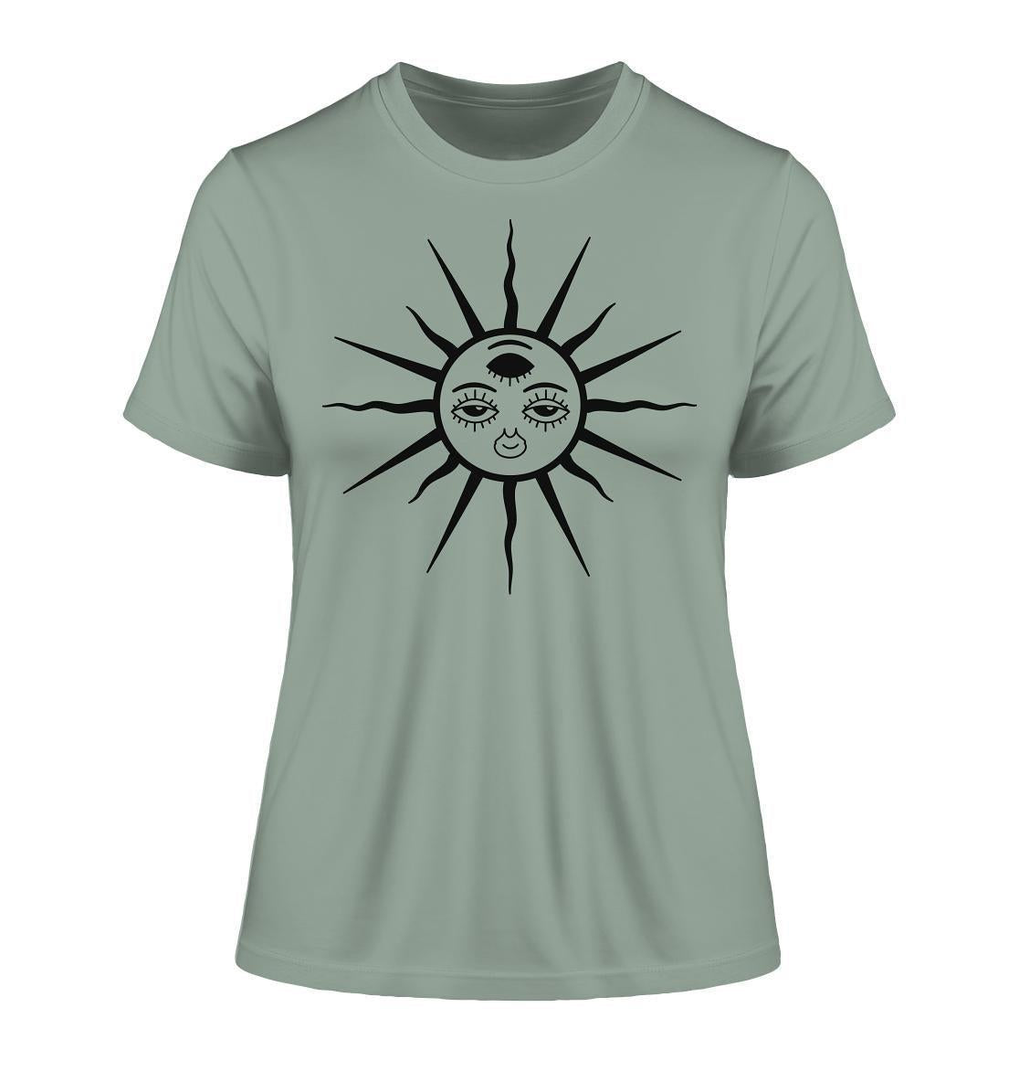 Vegan und Bio Ladies Shirt: The Sun - Third Eye Awakening, mit dreiaugigem Sonnendesign. Hergestellt aus 100 % Bio-Baumwolle, ideal für Goa Raves.