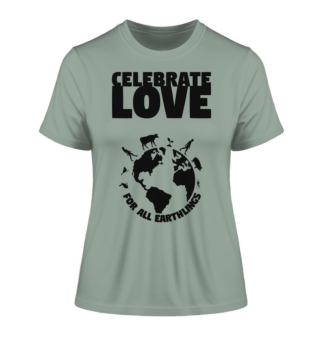 Vegan und Bio Ladies Shirt mit grafischem Design, zeigt Erde und Wolf-Silhouette, feiert Liebe und Gleichheit. Nachhaltig produziert aus 100 % Bio-Baumwolle.