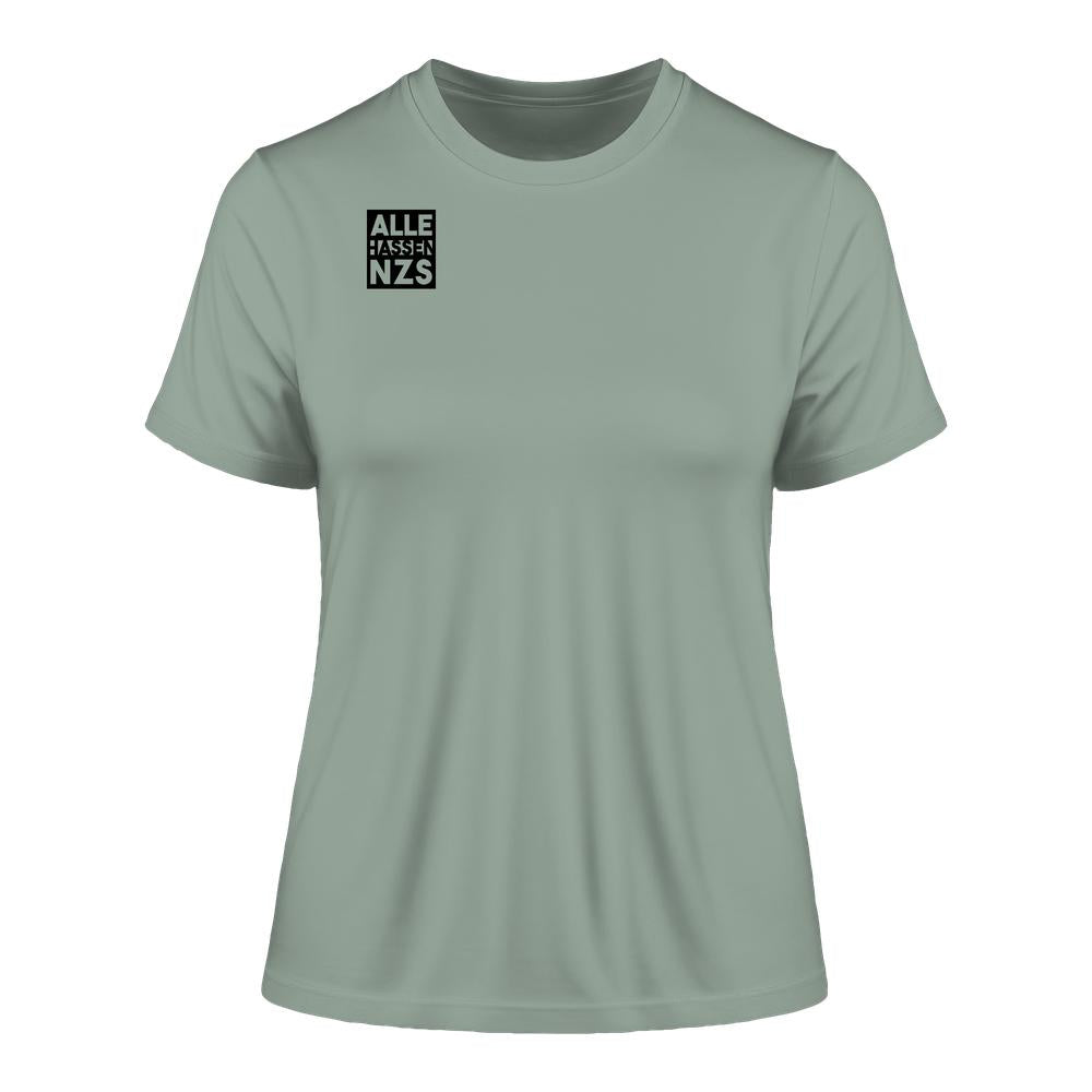 Vegan und Bio Ladies Shirt: ALLE HASSEN NZS!, Damen-T-Shirt mit engem Schnitt, aus Bio-Baumwolle, zeigt rebellische Botschaft gegen Nazis auf der Brust.