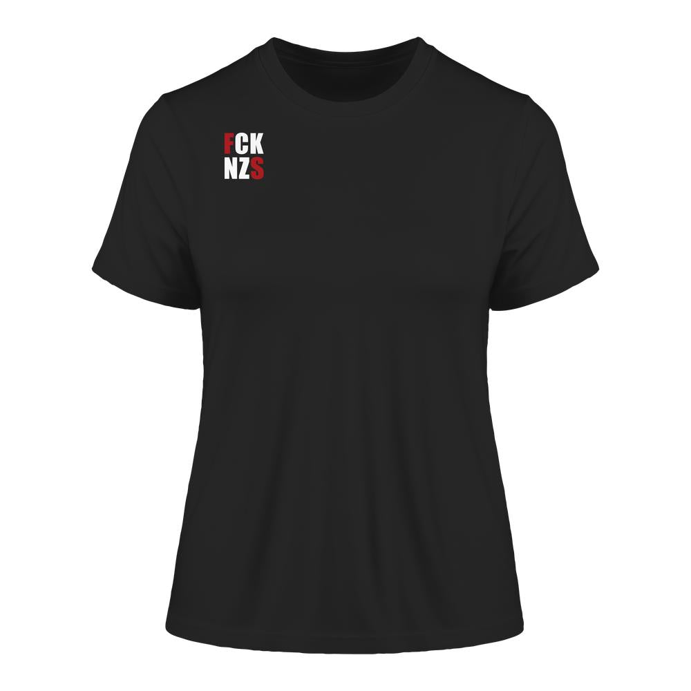Vegan und Bio Ladies Shirt: FCK NZS mit roten Highlights, eng anliegend, aus 100% Biobaumwolle, mit provokantem Brustaufdruck gegen Nazis, von RUDE REBEL.