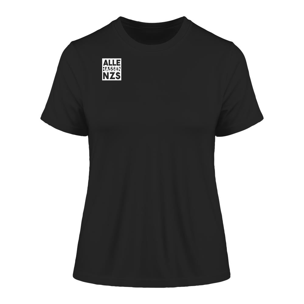 Vegan und Bio Ladies Shirt: ALLE HASSEN NZS!, schwarzes T-Shirt, Frauen-Schnitt, mit kleinem weißen Quadrat und durchgestrichenem Text auf der Brust, aus 100 % Bio-Baumwolle.