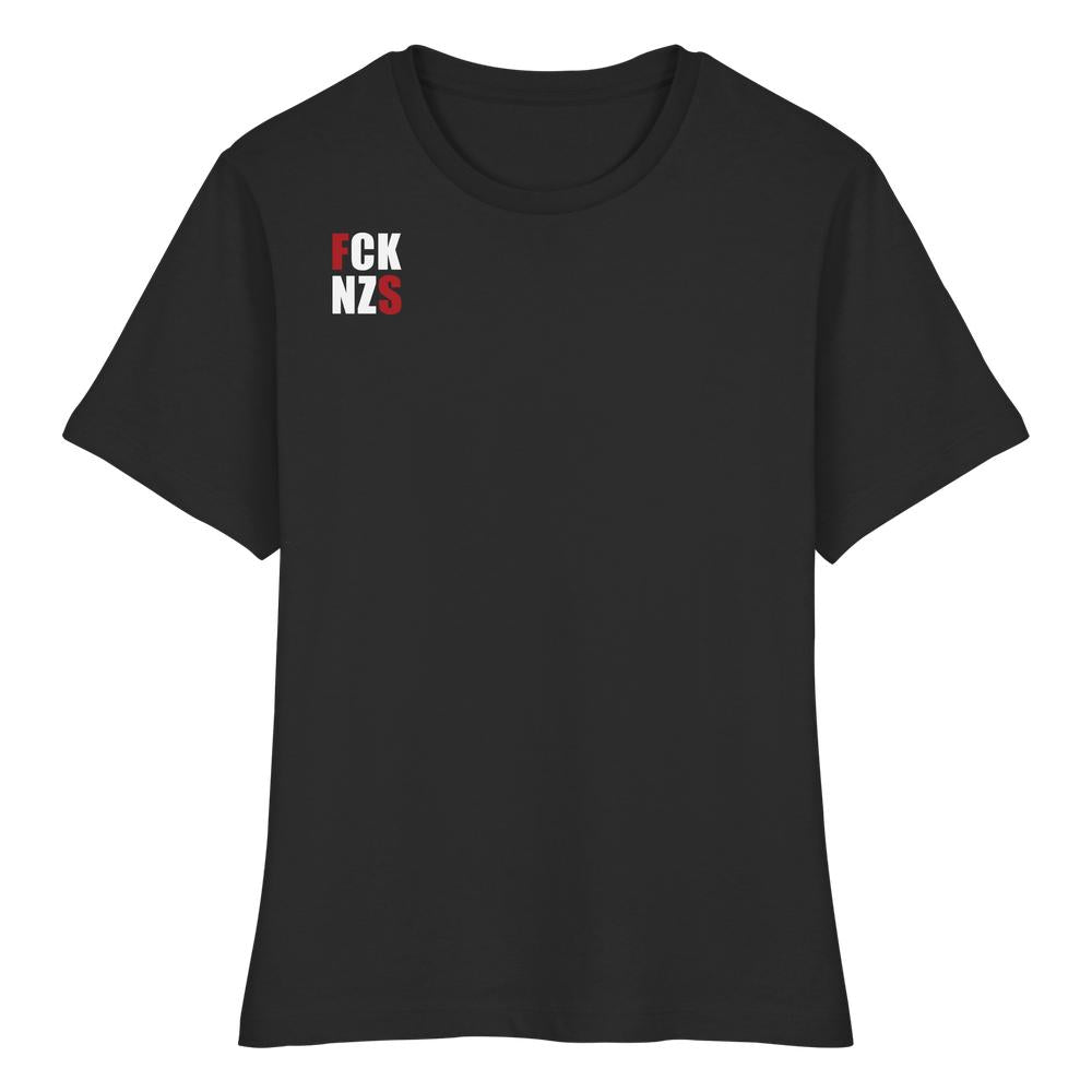 Vegan und Bio Ladies Shirt: FCK NZS mit roten Highlights, schwarzes T-Shirt mit rebellischem Slogan-Print, aus 100% Bio-Baumwolle, enge Passform, von RUDE REBEL.