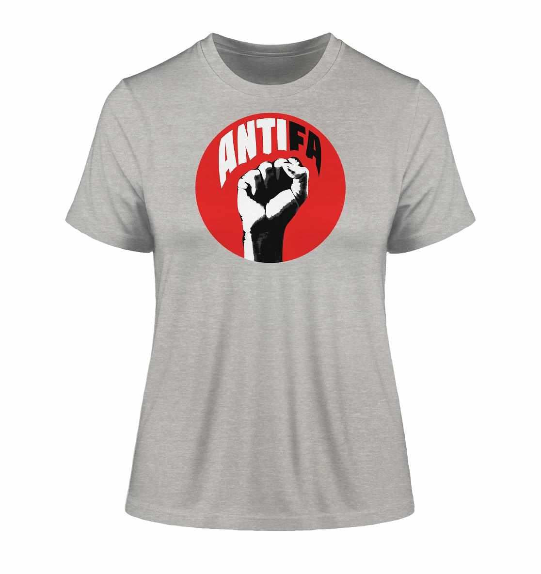 Vegan und Bio Ladies Shirt: Antifa - Kampf gegen Rechts, graues T-Shirt mit Faustsymbol, aus 100% Bio-Baumwolle, steht für Liebe, Freiheit und Demokratie.