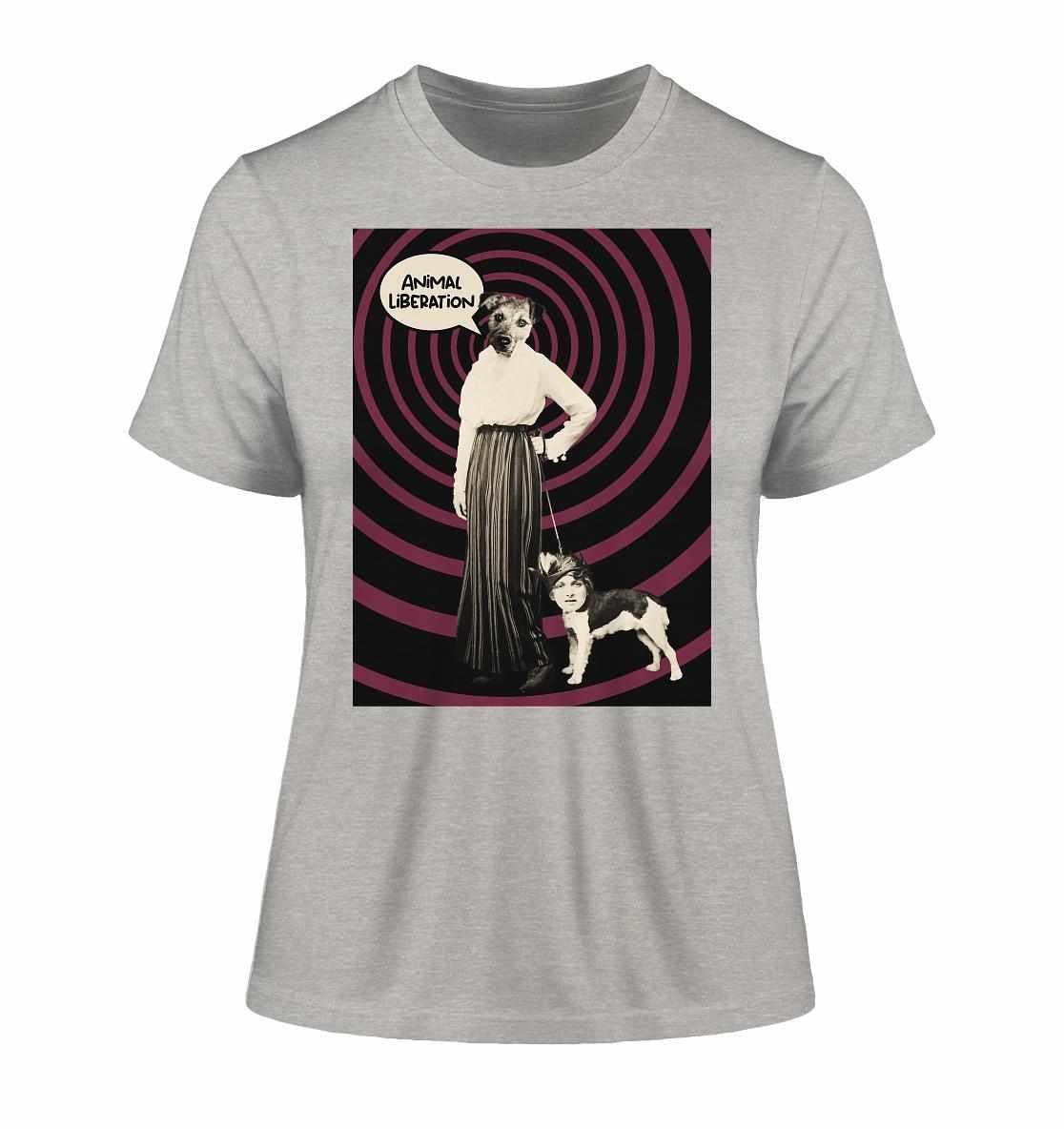 Vegan und Bio Ladies Shirt: Upside Down - Animal Liberation, zeigt Collage mit Frau, Hund an der Leine, inspiriert von Popart und Vintage-Fotografie.