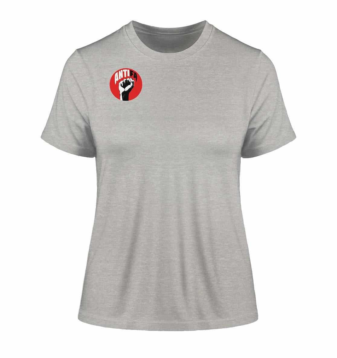 Vegan und Bio Ladies Shirt: Antifa - Gemeinsam gegen Rechts, graues T-Shirt mit rotschwarzer Faust, aus 100% Bio-Baumwolle, nachhaltiges Design für Antifaschismus und Umweltschutz.
