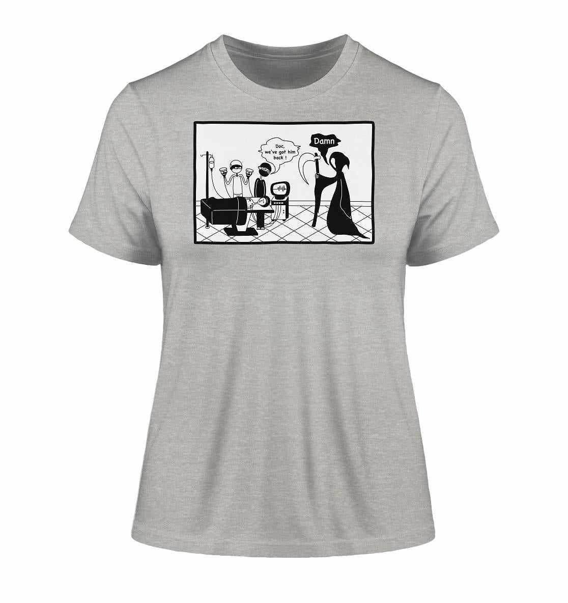 Vegan und Bio Ladies Shirt: Comicstripe - The Reaper, zeigt einen Cartoon des Sensenmanns, der von einem jungen Arzt überlistet wird. Perfekt für Liebhaber schwarzen Humors.