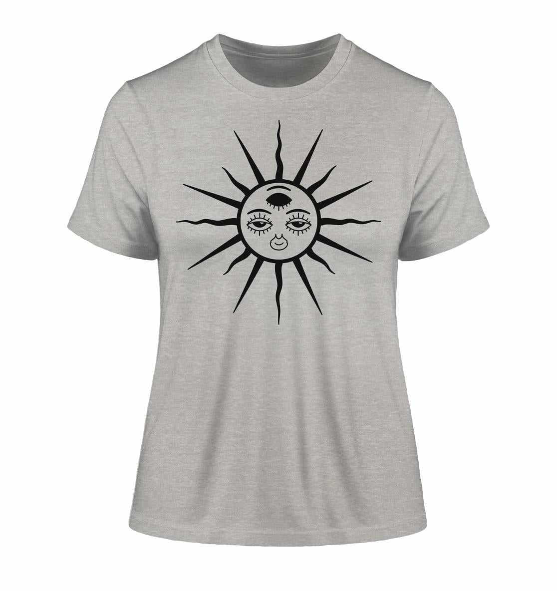 Vegan und Bio Ladies Shirt: The Sun - Third Eye Awakening, mit schwarzem dreiaugigem Sonnendesign, aus Bio-Baumwolle, ideal für nachhaltige, modische Anlässe.