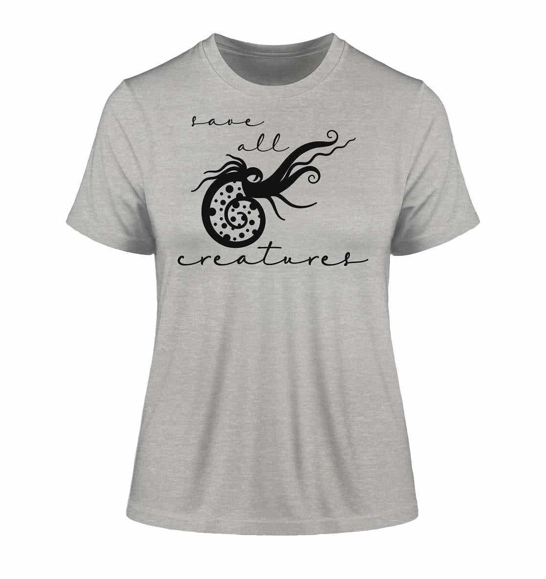 Vegan und Bio Ladies Shirt: Save All Creatures mit schwarzem Oktopus-Design, aus Bio-Baumwolle, betont Tierrechte und Umweltschutz.